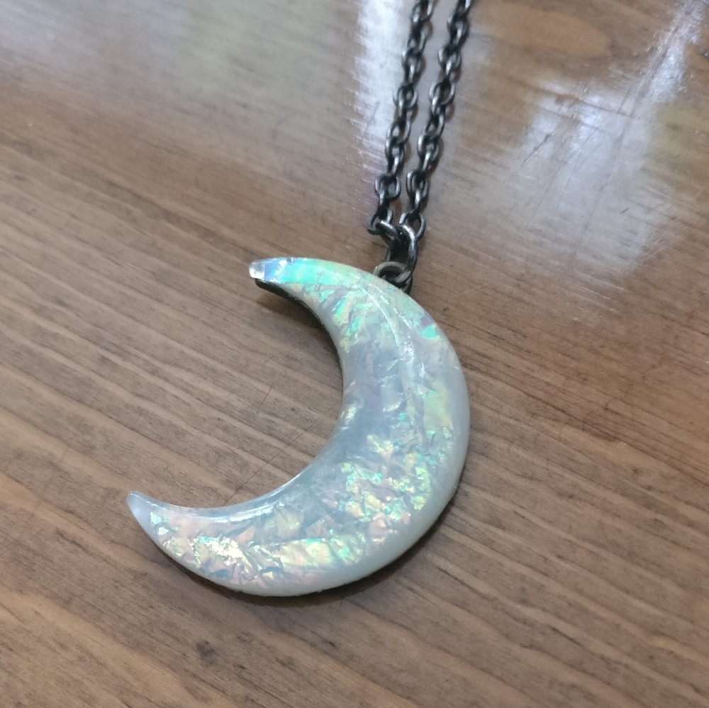 Iridescent Crescent Moon Necklace 22 inch